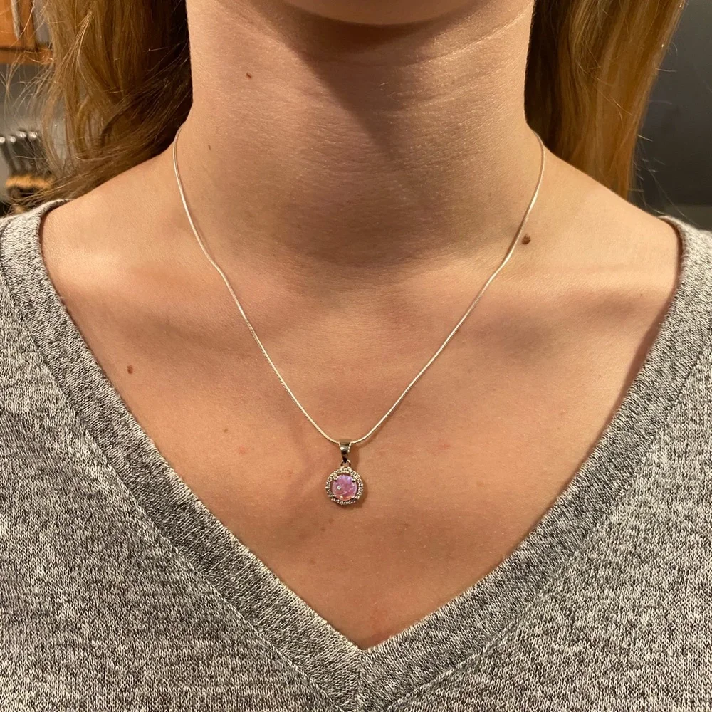 Sterling Silver Halo Pink Fire Opal Cz Set - Picture 16 of 17